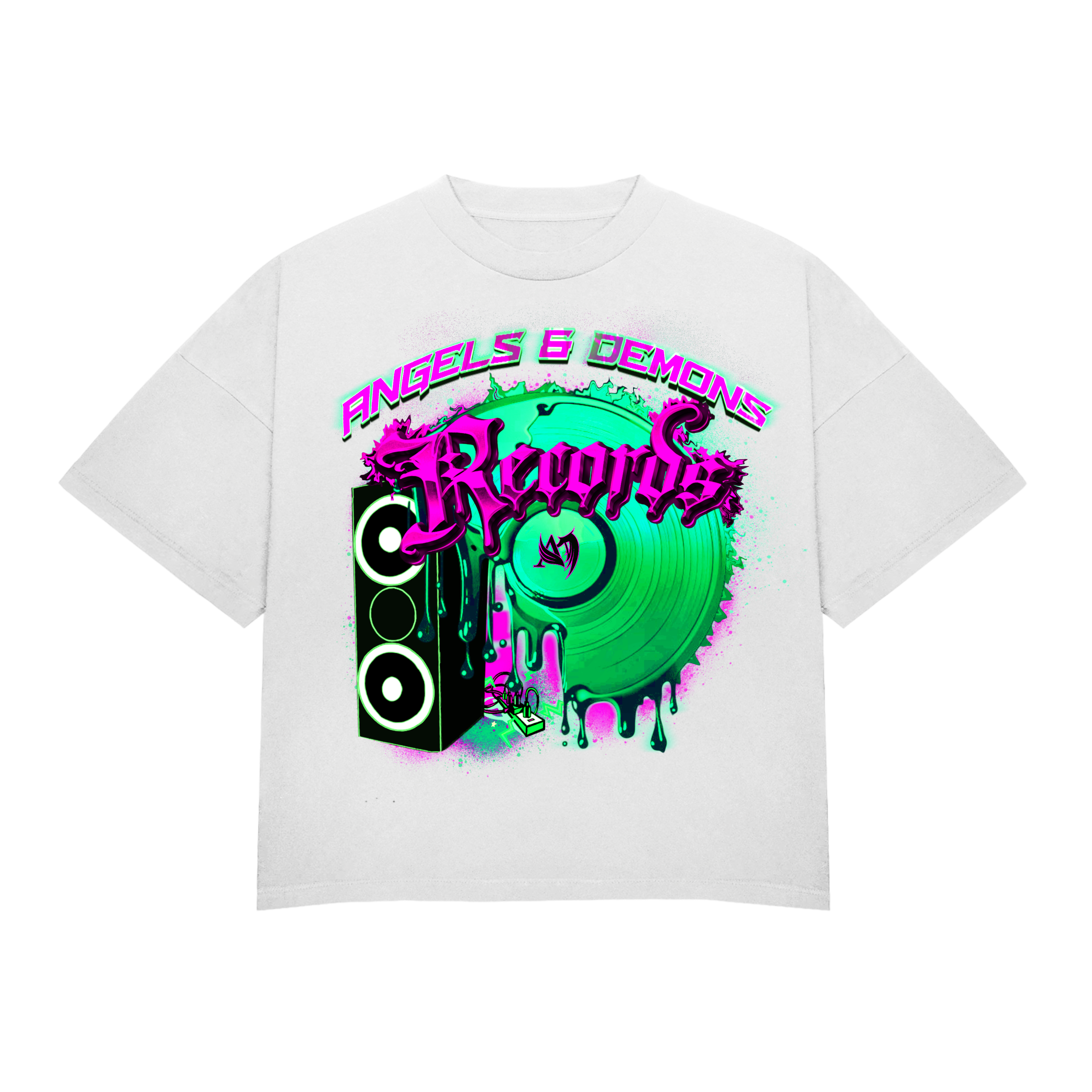 Angels And Demons Green/Pink Records Tee