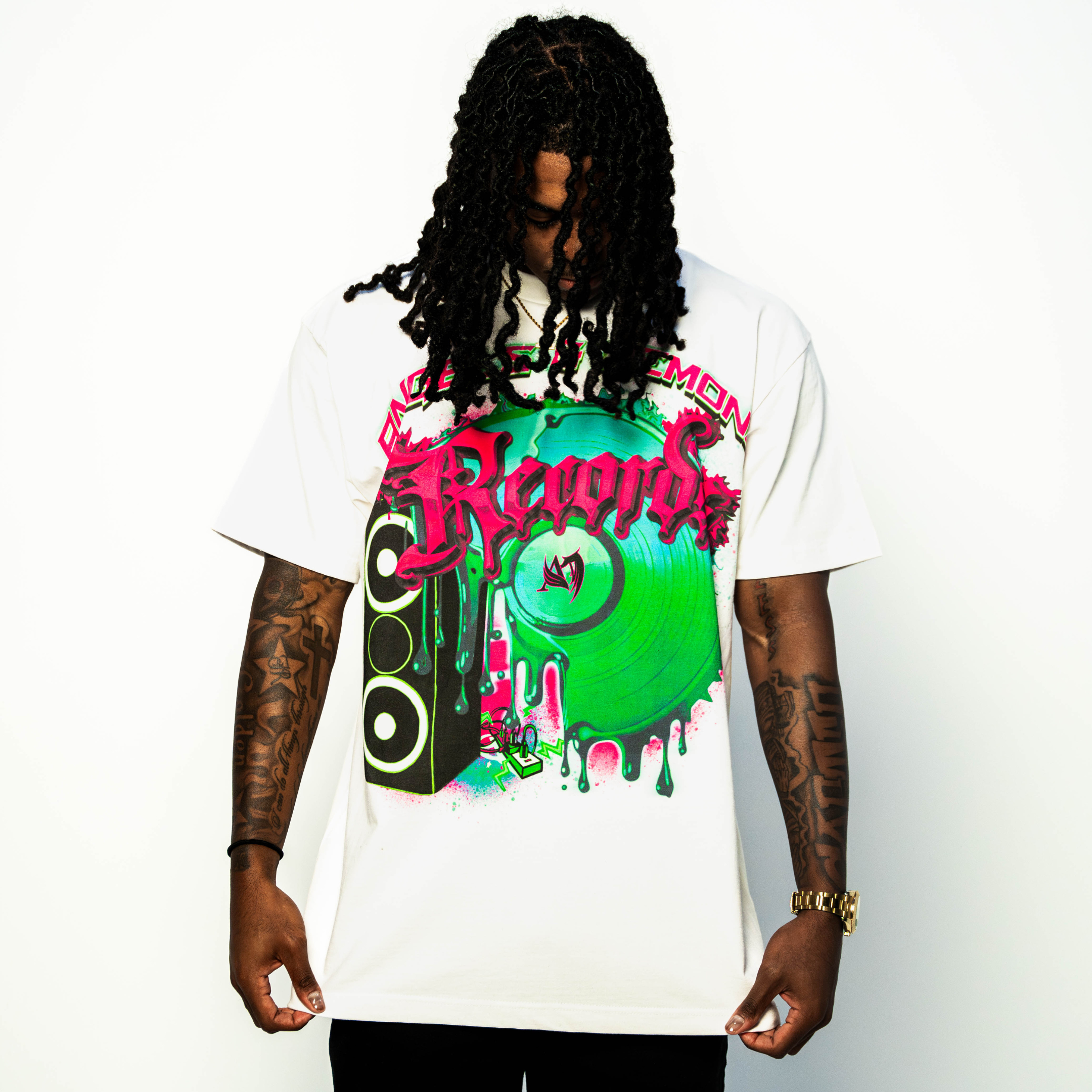 Angels And Demons Green/Pink Records Tee